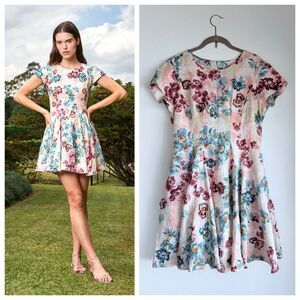 NWT AGUA by Agua Bendita Pupe Prado Floral Applique 100% Linen Mini Dress Size M